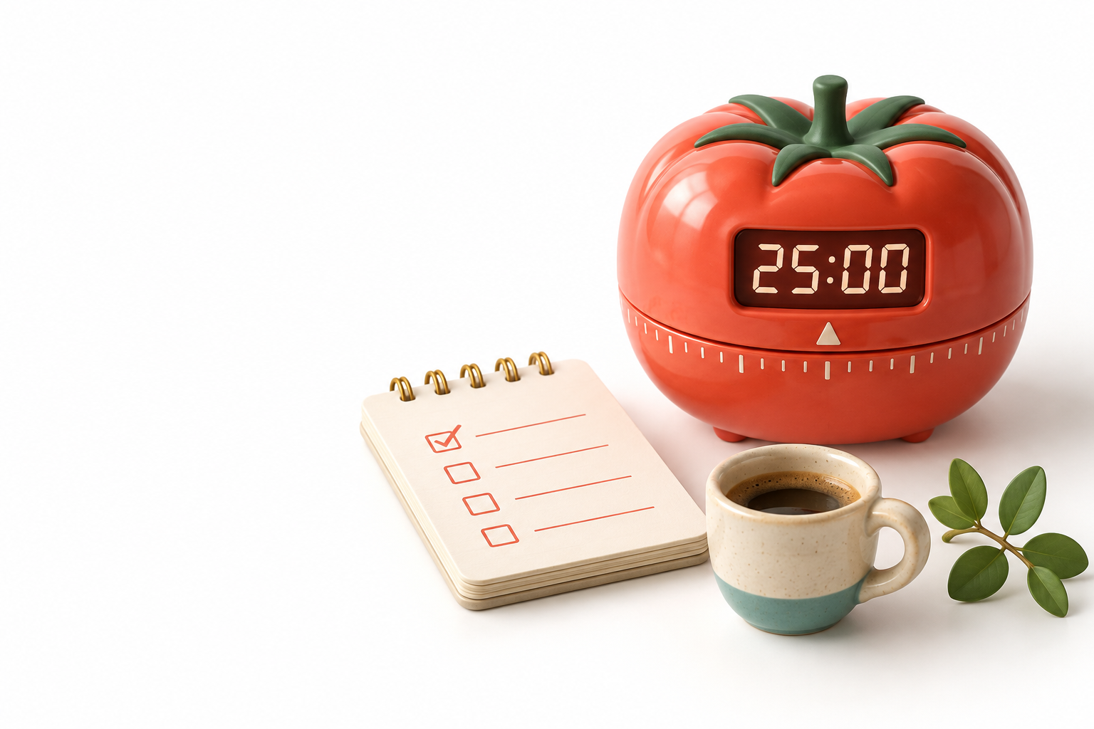 Temporizador tomate en 25 minutos junto a una libreta y una taza