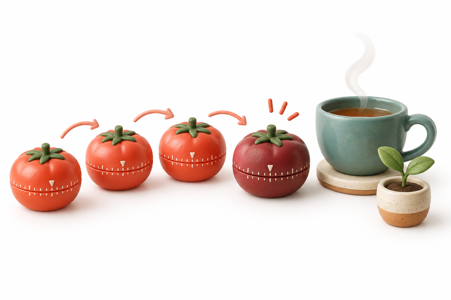 Cuatro temporizadores tomate junto a una taza que representan los ciclos y el descanso